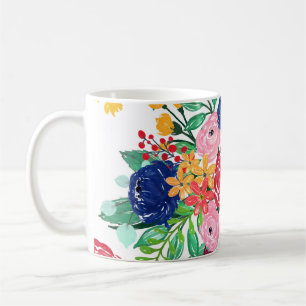 Navy Blue en Red waterverf boho chic Flowers Koffiemok