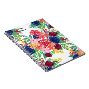 Navy Blue en Red waterverf boho chic Flowers Notitieboek