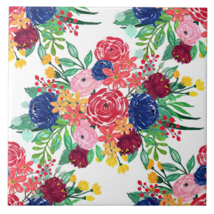 Navy Blue en Red waterverf boho chic Flowers Tegeltje