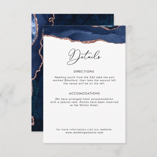 Navy blue en roos gold bruiloft informatiekaartje (Voorkant / Achterkant)