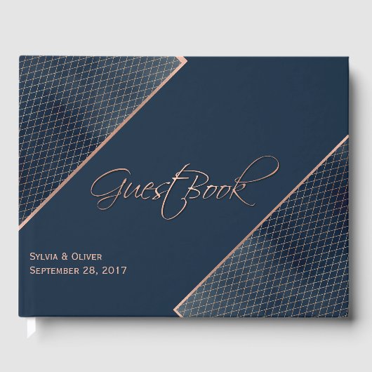 Navy Blue en Roos Gold Custom Guest Book Gastenboek (Voorkant)