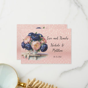 Navy Blue en Roos Gold Floral Wedding Bedankkaart