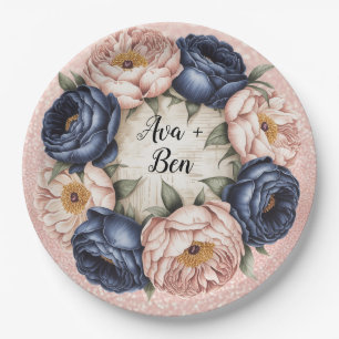 Navy Blue en Roos Gold Floral Wedding Papieren Bordje