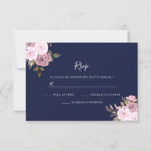 Navy Blue en Roos Gold Floral Wedding RSVP Kaartje