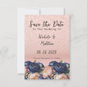 Navy Blue en Roos Gold Floral Wedding Save The Date (Voorkant)