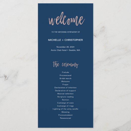 Navy Blue en Roos Gold Glam Chic Wedding Program Programma (Voorkant)