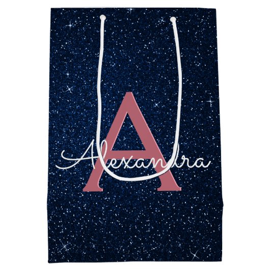 Navy Blue en Roos Gold Sparkle Glitter Monogram Medium Cadeauzakje (Achterkant)