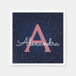 Navy Blue en Roos Gold Sparkle Monogram Initiaal Servetten