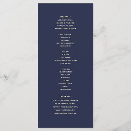Navy Blue en Roos Gold Wedding Program Programma (Achterkant)