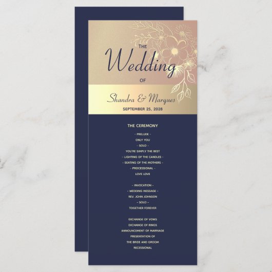 Navy Blue en Roos Gold Wedding Program Programma (Voorkant / Achterkant)