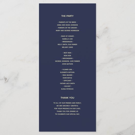 Navy Blue en Roos Gold Wedding Program Programma (Achterkant)