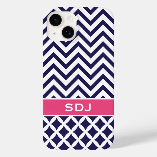 Navy Blue en roze Chevron Custom Monogram Case-Mate iPhone Case (Achterkant)