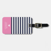 Navy Blue en Roze Chic Stripes Heart Monogram Bagagelabel (Voorkant horizontaal)