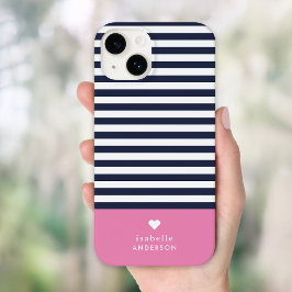 Navy Blue en Roze Chic Stripes Heart Monogram Case-Mate iPhone 14 Hoesje