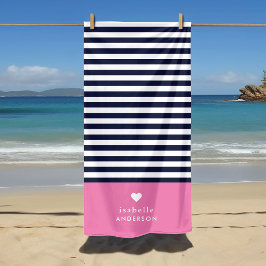 Navy Blue en Roze Chic Stripes Heart Monogram Strandlaken