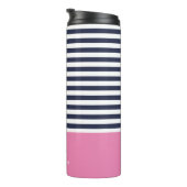 Navy Blue en Roze Chic Stripes Heart Monogram Thermosbeker (Geroteerd rechts)