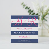 Navy Blue en roze monogram opslaan op datum Save The Date (Staand voorkant)