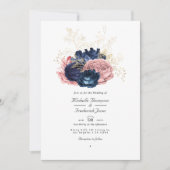 Navy Blue en Roze  Rozen QR Code Weddenschap Kaart (Voorkant)