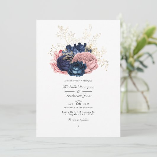 Navy Blue en Roze  Rozen QR Code Weddenschap Kaart (Staand voorkant)