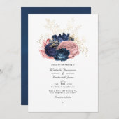 Navy Blue en Roze  Rozen QR Code Weddenschap Kaart (Voorkant / Achterkant)