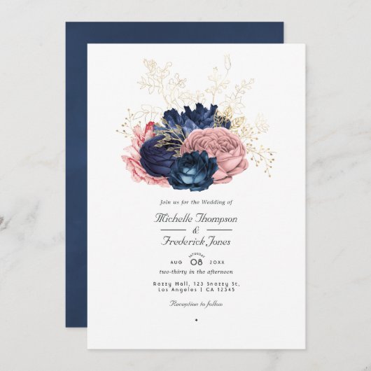 Navy Blue en Roze  Rozen QR Code Weddenschap Kaart (Voorkant / Achterkant)