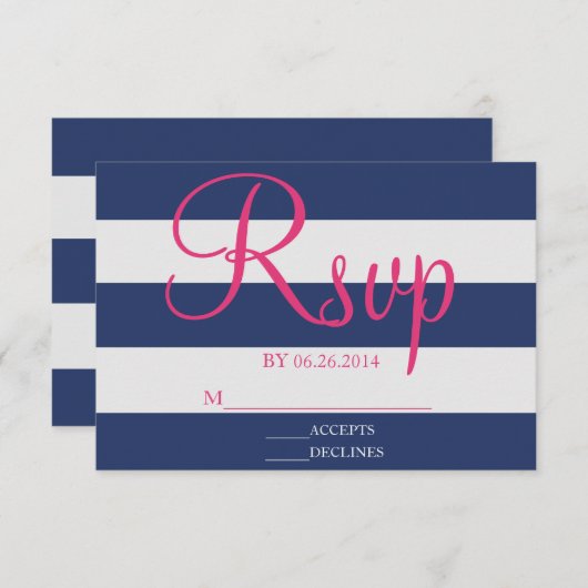 Navy Blue en Roze Stripe RSVP-kaart RSVP Kaartje (Voorkant / Achterkant)