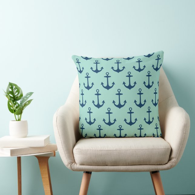 Navy Blue en Seafoam Green Anchor Pattern Kussen (Stoel)