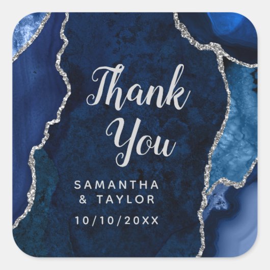 Navy Blue en Silver Agate Wedding Bedankt Vierkante Sticker (Voorkant)