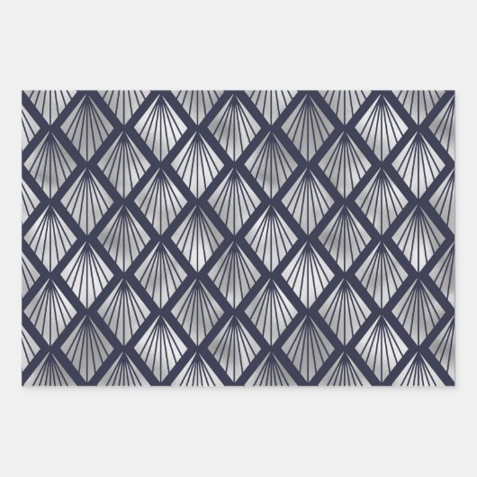 Navy Blue en Silver Art Deco Diamond Pattern Inpakpapier Vel (Voorkant 3)