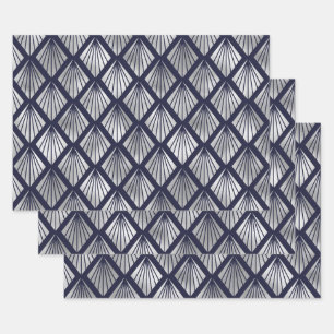Navy Blue en Silver Art Deco Diamond Pattern Inpakpapier Vel