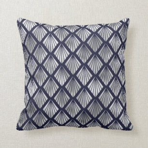 Navy Blue en Silver Art Deco Diamond Pattern Kussen