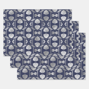 Navy Blue en Silver Art Deco Shell Pattern Inpakpapier Vel