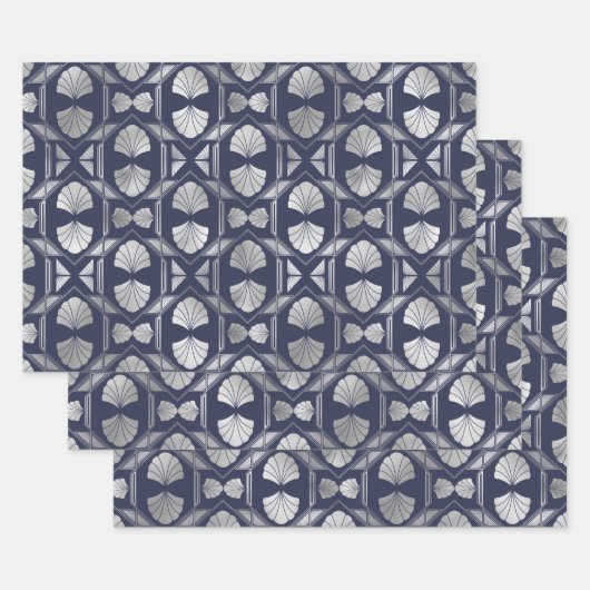 Navy Blue en Silver Art Deco Shell Pattern Inpakpapier Vel (Set)