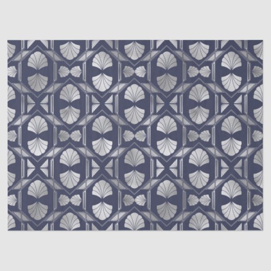 Navy Blue en Silver Art Deco Shell Pattern Tissuepapier (Voorkant)