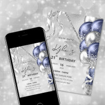 Navy Blue en Silver Birthday Party Invitation