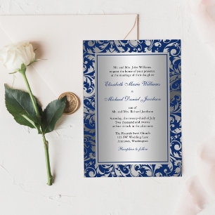 Navy Blue en Silver Damask Swirls Wedding Kaart