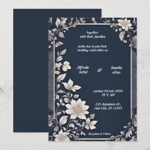 Navy Blue en Silver Elegant Ivory Floral Wedding Kaart