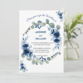 Navy Blue en Silver Elegant Ivory Floral Wedding Kaart (Staand voorkant)