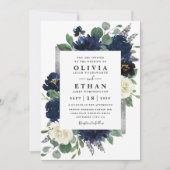 Navy Blue en Silver Elegant Ivory Floral Wedding Kaart (Voorkant)