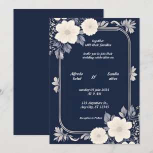 Navy Blue en Silver Elegant Ivory Floral Wedding Kaart