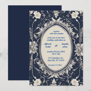 Navy Blue en Silver Elegant Ivory Floral Wedding Kaart