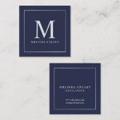 Navy Blue en Silver Elegant Monogram Vierkante Visitekaartje (Voorkant / Achterkant)