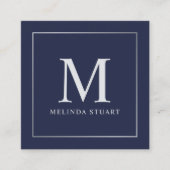 Navy Blue en Silver Elegant Monogram Vierkante Visitekaartje (Voorkant)