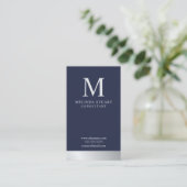 Navy Blue en Silver Elegant Monogram Visitekaartje (Staand voorkant)