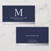 Navy Blue en Silver Elegant Monogram Visitekaartje (Voorkant / Achterkant)