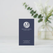 Navy Blue en Silver Elegant Monogram Visitekaartje (Staand voorkant)