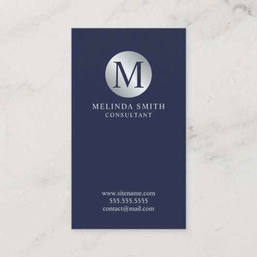Navy Blue en Silver Elegant Monogram Visitekaartje (Voorkant)