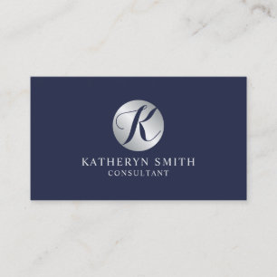 Navy Blue en Silver Elegant Monogram Visitekaartje