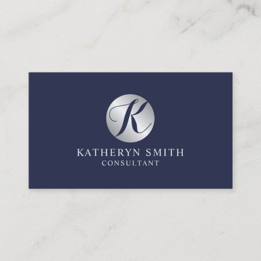 Navy Blue en Silver Elegant Monogram Visitekaartje (Voorkant)