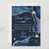Navy Blue en Silver Faux Glitter Agate Quinceañera Bedankkaart (Voorkant)